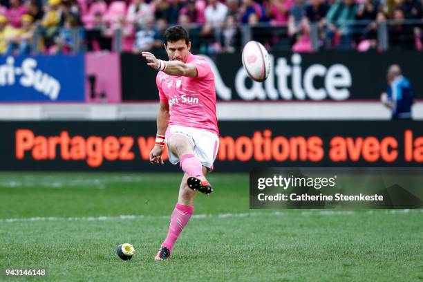 Morne Steyn of Stade Francais Paris kicks a conversion during the French Top 14 match between Stade Francais Paris and ASM Clermont Auvergne at Stade...