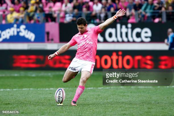 Morne Steyn of Stade Francais Paris kicks a conversion during the French Top 14 match between Stade Francais Paris and ASM Clermont Auvergne at Stade...