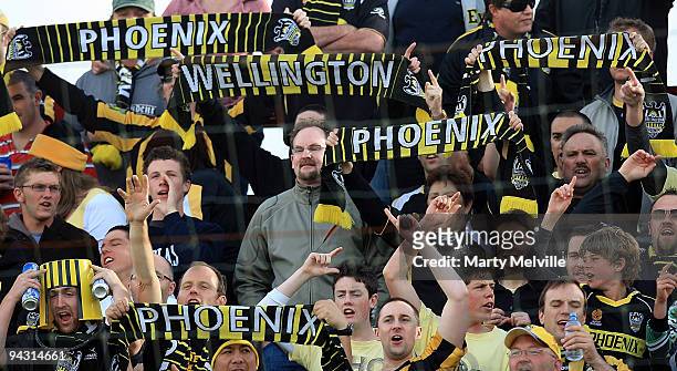 Phoenix fans cheer during the round 18 A-League match between the Wellington Phoenix and Sydney FC at FMG Stadium on December 12, 2009 in Palmerston...
