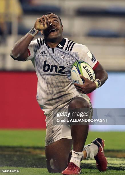 New Zealand's Crusaders wing Manasa Mataele celebrates after scoring a try against Argentina's Jaguares during their Super Rugby match at Jose...