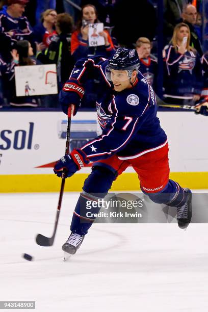 Jack Johnson of the Columbus Blue Jackets warms up prior to the start of the game against the Pittsburgh Penguins on April 5, 2018 at Nationwide...