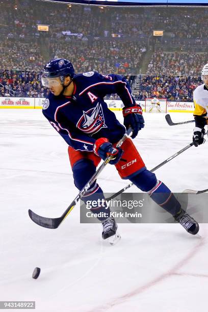 Seth Jones of the Columbus Blue Jackets controls the puck during the game against the Pittsburgh Penguins on April 5, 2018 at Nationwide Arena in...