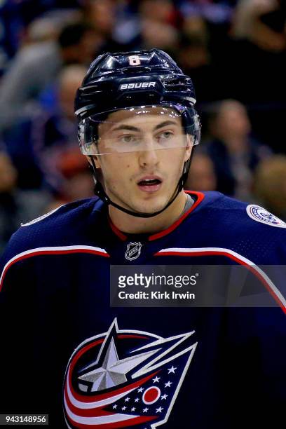 Zach Werenski of the Columbus Blue Jackets lines up for a face-off during the game against the Pittsburgh Penguins on April 5, 2018 at Nationwide...