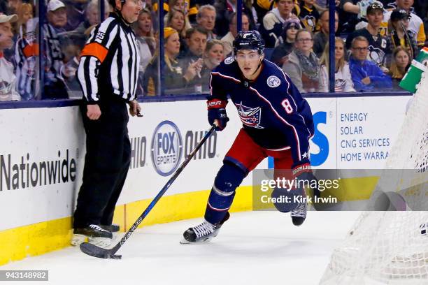 Zach Werenski of the Columbus Blue Jackets controls the puck during the game against the Pittsburgh Penguins on April 5, 2018 at Nationwide Arena in...