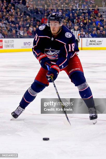 Pierre-Luc Dubois of the Columbus Blue Jackets controls the puck during the game against the Pittsburgh Penguins on April 5, 2018 at Nationwide Arena...