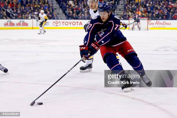 Josh Anderson of the Columbus Blue Jackets controls the puck during the game against the Pittsburgh Penguins on April 5, 2018 at Nationwide Arena in...