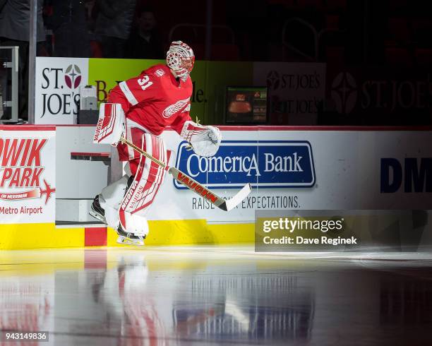 Goaltender Jared Coreau of the Detroit Red Wings takes to the ice prior to an NHL game against the New York Islanders at Little Caesars Arena on...