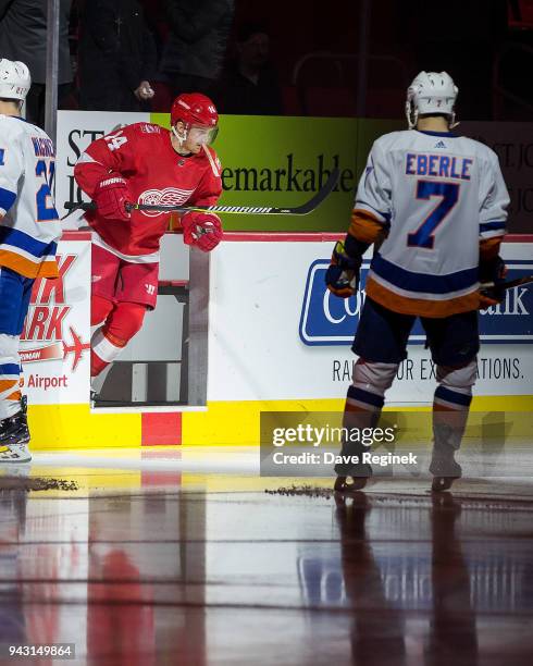 Gustav Nyquist of the Detroit Red Wings takes to the ice prior to an NHL game against the New York Islanders at Little Caesars Arena on April 7, 2018...