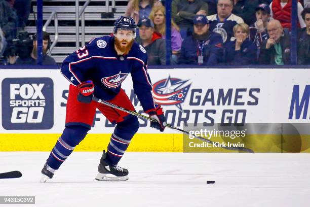 Ian Cole of the Columbus Blue Jackets controls the puck during the game against the Pittsburgh Penguins on April 5, 2018 at Nationwide Arena in...