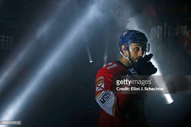 Vincent Trocheck of the Florida Panthers heads out to the ice for introductions prior to the start of the game against the Buffalo Sabres at the BB&T...