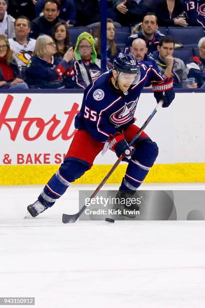 Mark Letestu of the Columbus Blue Jackets controls the puck during the game against the Pittsburgh Penguins on April 5, 2018 at Nationwide Arena in...