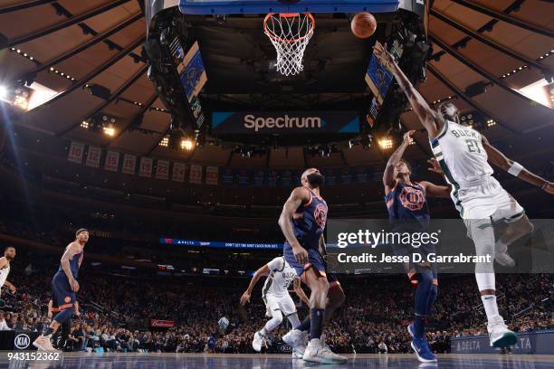 Tony Snell of the Milwaukee Bucks goes to the basket against the New York Knicks on April 7, 2018 at Madison Square Garden in New York City, New...