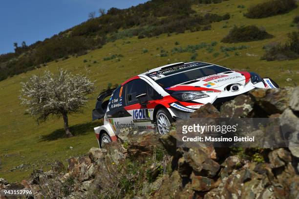 Ott Tanak of Estonia and Martin Jarveoja of Estonia compete with their Toyota Gazoo Racing WRT Toyota Yaris WRC during Day Two of the WRC France on...