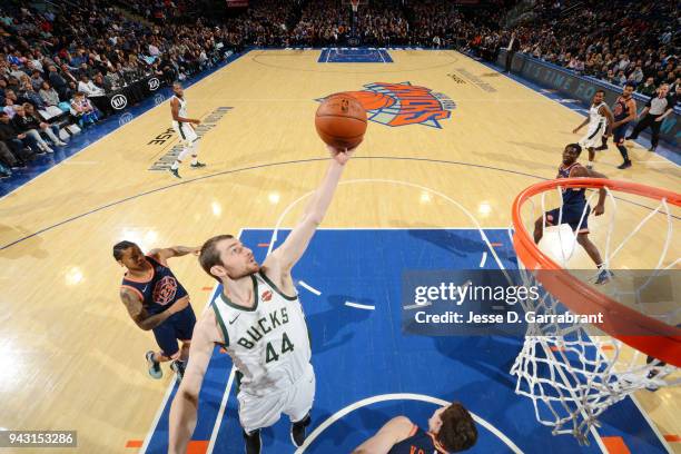 Tyler Zeller of the Milwaukee Bucks grabs the rebound against the New York Knicks on April 7, 2018 at Madison Square Garden in New York City, New...