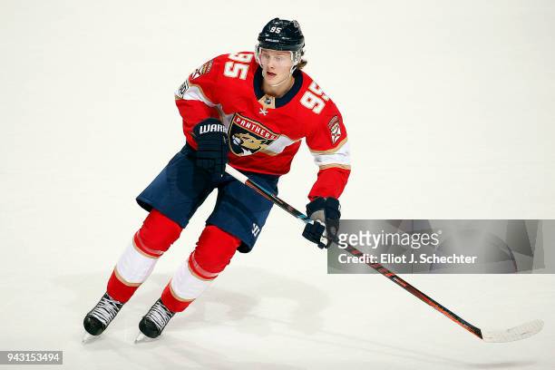 Henrik Borgstrom of the Florida Panthers skates for position against the Buffalo Sabres at the BB&T Center on April 7, 2018 in Sunrise, Florida.