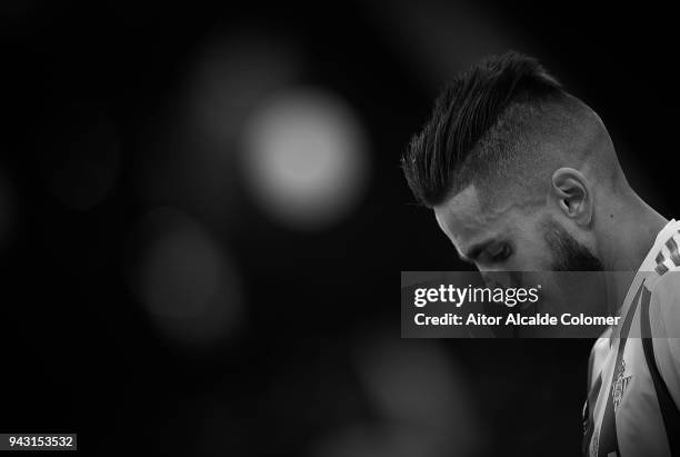 Ryad Boudebouz of Real Betis Balompie looks on during the La Liga match between Real Betis and Eibar at Estadio Benito Villamarin on April 7, 2018 in...