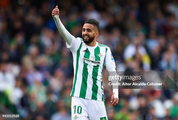 Ryad Boudebouz of Real Betis Balompie looks on during the La Liga match between Real Betis and Eibar at Estadio Benito Villamarin on April 7, 2018 in...