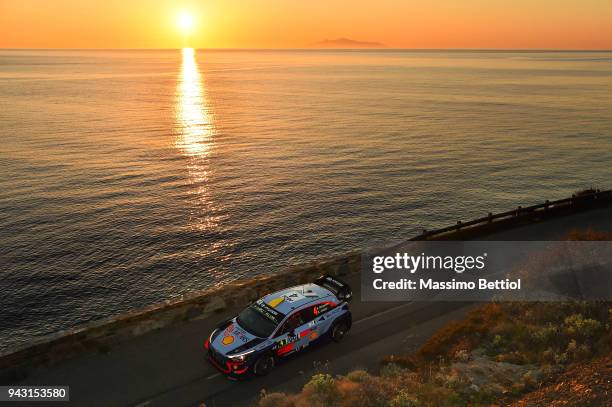 Andreas Mikkelsen of Norway and Anders Jaeger of Norway compete with their Hyundai Shell Mobis WRT Hyundai i20 Coupe WRC during Day Two of the WRC...