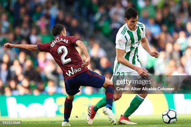 Fabian Orellana of SD Eibar competes for the ball with Aissa Mandi of Real Betis Balompie during the La Liga match between Real Betis and Eibar at...