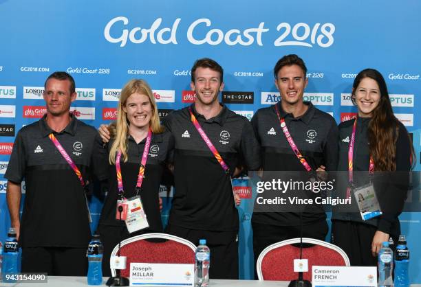 New Zealand Athletics team members, Jeremy McColl Angie Petty, Joseph Millar, Cameron French and Eliza McCartney during a press conference on day...