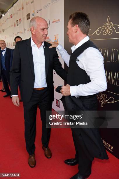 Mario Basler and Juergen Milski attend the 'Goldene Sonne 2018' Award by Sonnenklar.TV on April 7, 2018 in Kalkar, Germany.