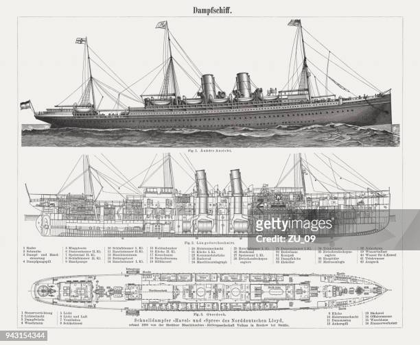 ausdrückliche dampfer (erbaut 1890), norddeutscher lloyd, holzschnitt, veröffentlicht 1897 - steamboat stock-grafiken, -clipart, -cartoons und -symbole