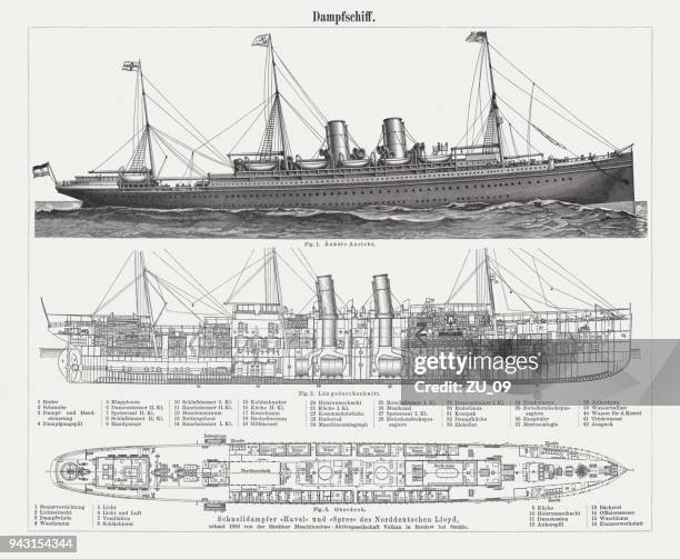 illustrazioni stock, clip art, cartoni animati e icone di tendenza di express steamer (costruito nel 1890), lloyd nord tedesco, xilografia, pubblicato nel 1897 - imbarcazione per passeggeri