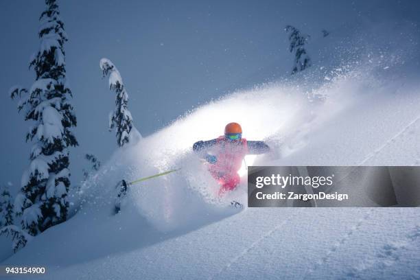 powder skiing - heli skiing stock pictures, royalty-free photos & images
