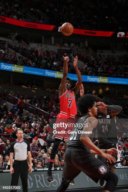 Justin Holiday of the Chicago Bulls shoots the ball against the Brooklyn Nets on April 7, 2018 at the United Center in Chicago, Illinois. NOTE TO...