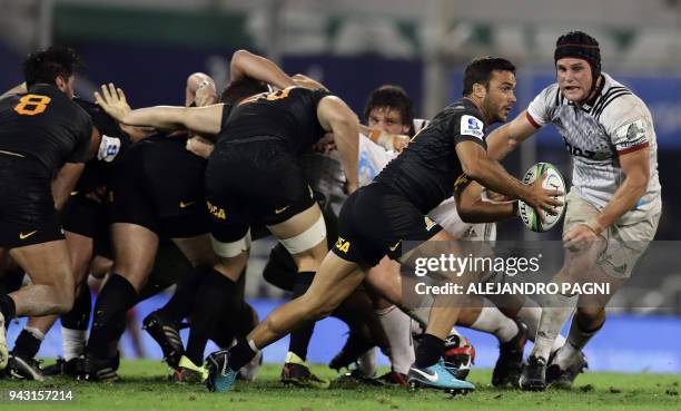 Argentina's Jaguares half scrum Martin Landajo runs with the ball during their Super Rugby match against New Zealand's Crusaders at Jose Amalfitani...