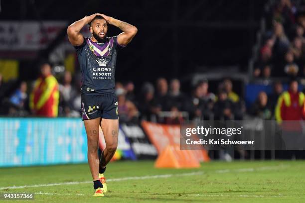Josh Addo-Carr of the Storm reacts during the round five NRL match between the Wests Tigers and the Melbourne Storm at Mt Smart Stadium on April 7,...