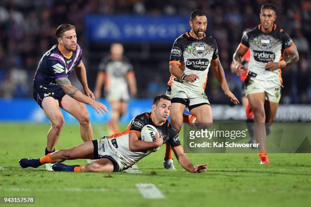 Corey Thompson of the Tigers in action during the round five NRL match between the Wests Tigers and the Melbourne Storm at Mt Smart Stadium on April...