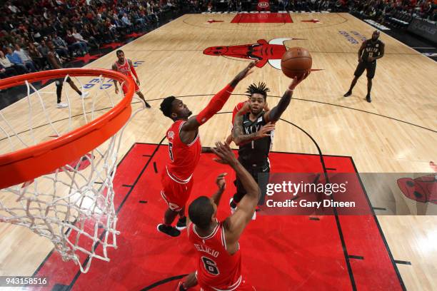 Angelo Russell of the Brooklyn Nets shoots the ball against the Chicago Bulls on April 7, 2018 at the United Center in Chicago, Illinois. NOTE TO...