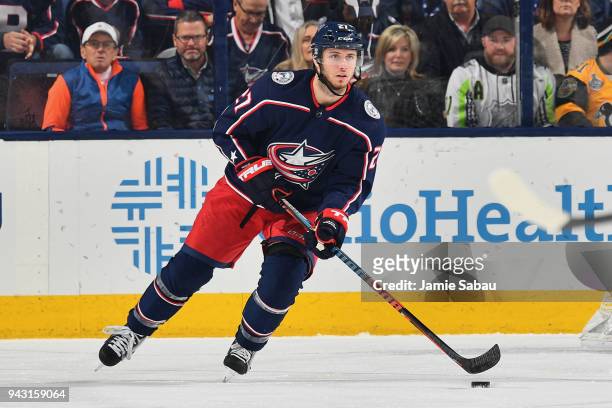 Ryan Murray of the Columbus Blue Jackets skates against the Pittsburgh Penguins on April 5, 2018 at Nationwide Arena in Columbus, Ohio. Ryan Murray