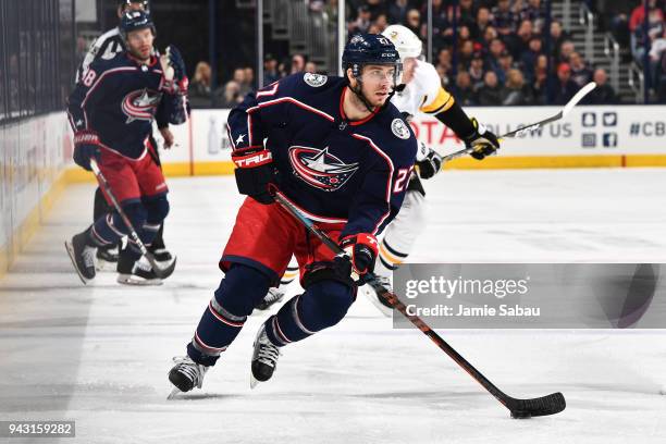 Ryan Murray of the Columbus Blue Jackets skates against the Pittsburgh Penguins on April 5, 2018 at Nationwide Arena in Columbus, Ohio. Ryan Murray