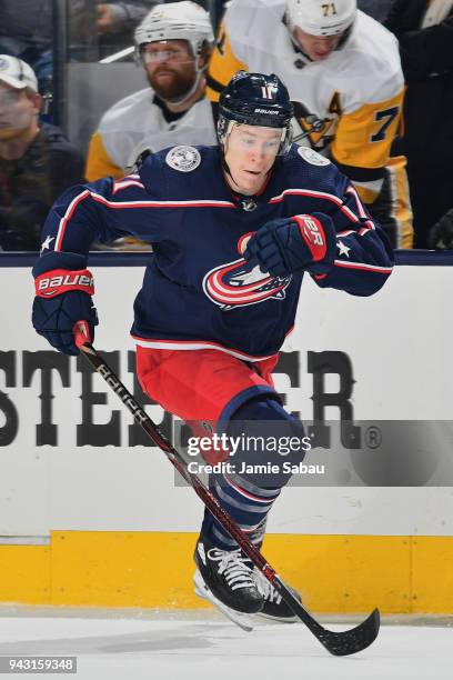 Matt Calvert of the Columbus Blue Jackets skates against the Pittsburgh Penguins on April 5, 2018 at Nationwide Arena in Columbus, Ohio. Matt Calvert