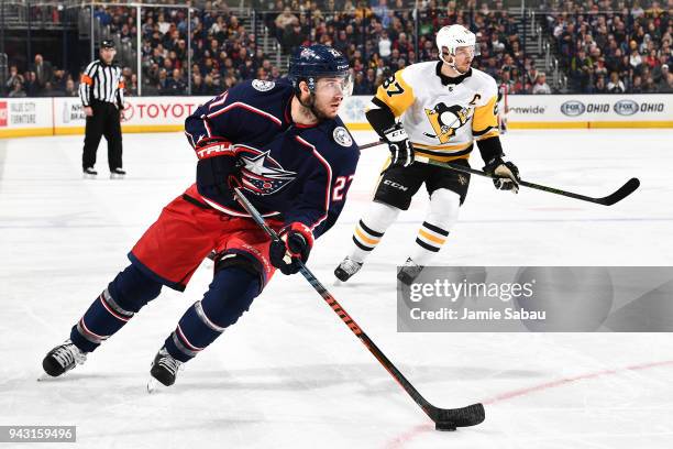 Ryan Murray of the Columbus Blue Jackets skates against the Pittsburgh Penguins on April 5, 2018 at Nationwide Arena in Columbus, Ohio. Ryan Murray