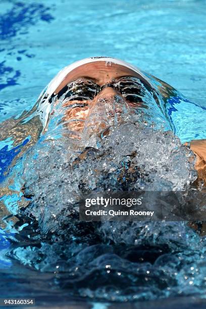 Kylie Masse of Canada competes during the Women's 200m Backstroke - Heat 2 on day four of the Gold Coast 2018 Commonwealth Games at Optus Aquatic...