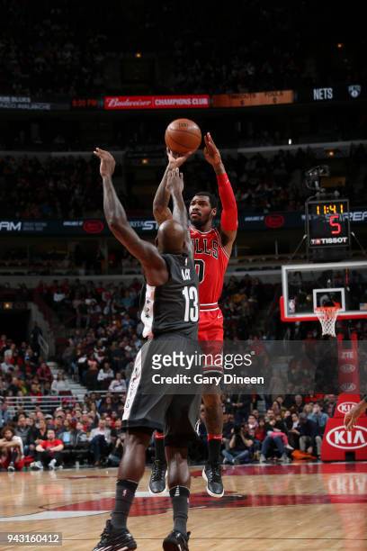 Sean Kilpatrick of the Chicago Bulls shoots the ball against the Brooklyn Nets on April 7, 2018 at the United Center in Chicago, Illinois. NOTE TO...