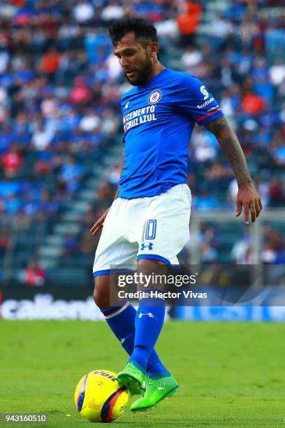 Walter Montoya of Cruz Azul drives the ball during the 14th round match between Cruz Azul and Lobos BUAP at Azul Stadium on April 7, 2018 in Mexico...