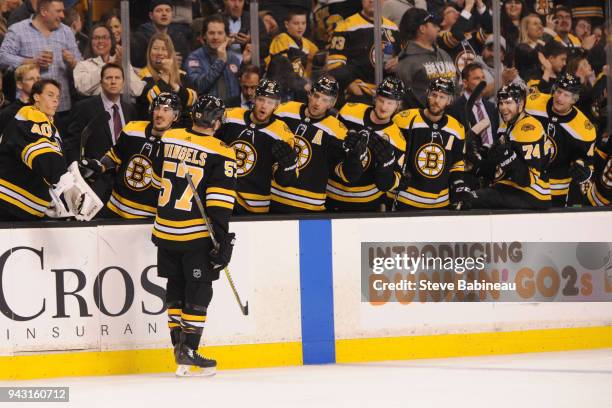 Tommy Wingels of the Boston Bruins celebrates his goal against the Ottawa Senators at the TD Garden on April 7, 2018 in Boston, Massachusetts.