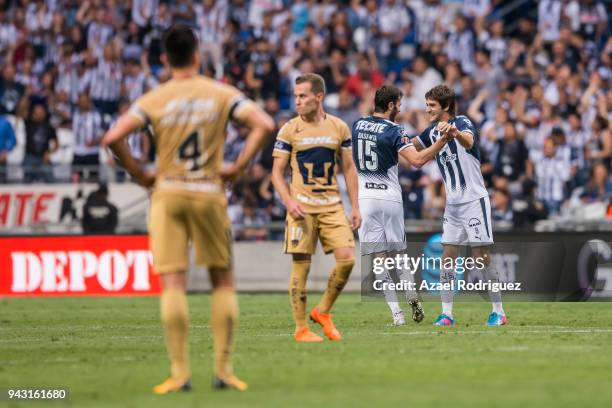 Jose Maria Basanta of Monterrey celebrates with teammate Lucas Albertengo after scoring his team's second goal during the 14th round match between...