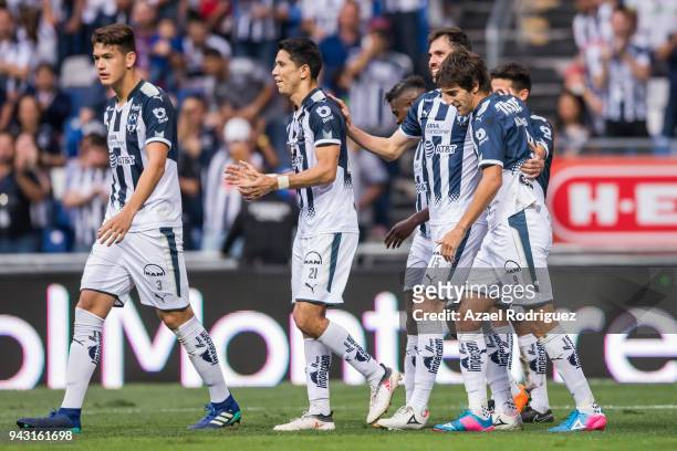 Jose Maria Basanta of Monterrey celebrates with teammates after scoring his teams second goal during the 14th round match between Monterrey and Pumas...