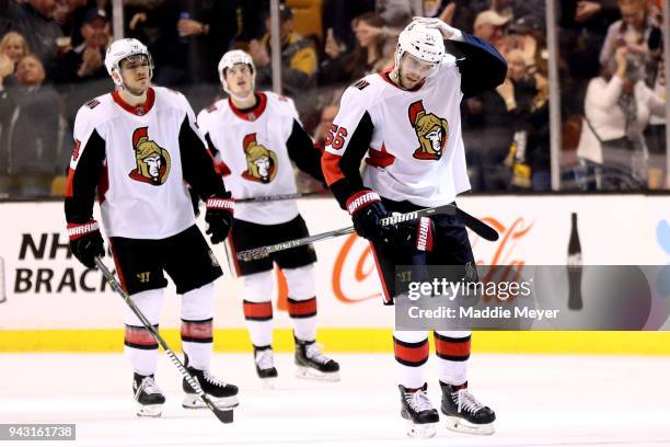 Magnus Paajarvi of the Ottawa Senators reacts after David Pastrnak of the Boston Bruins scored a goal during the second period at TD Garden on April...