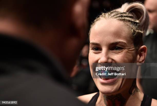 Bec Rawlings of Australia prepares to fight Ashlee Evans-Smith in their women's flyweight bout during the UFC 223 event inside Barclays Center on...