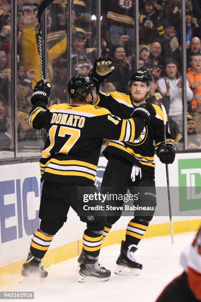 Ryan Donato and Danton Heinen of the Boston Bruins celebrate a goal against the Ottawa Senators at the TD Garden on April 7, 2018 in Boston,...