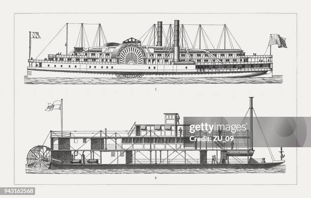 amerikanische dampfschiffe, holzschnitte, veröffentlicht im jahre 1897 - steamboat stock-grafiken, -clipart, -cartoons und -symbole