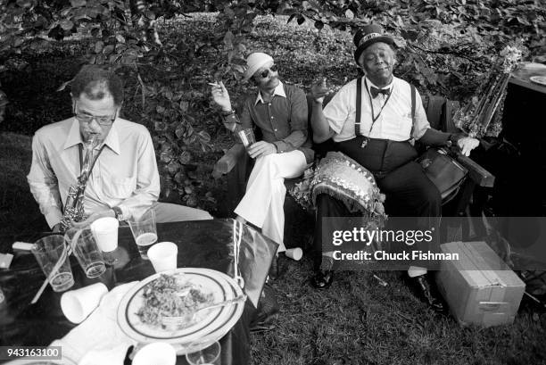 Left to right, saxophonist Dexter Gordon, pianist Cecil Taylor, and Grand Mashall of the Young Tuxedo Brass Band of New Orleans Mathew 'Fats'...