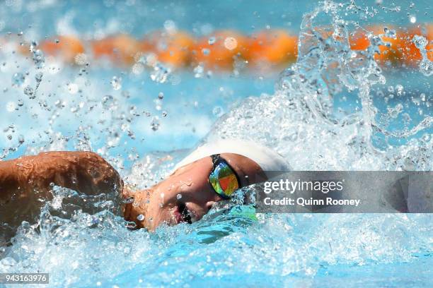 Penny Oleksiak of Canada competes during the Women's 100m Freestyle Heat 3 on day four of the Gold Coast 2018 Commonwealth Games at Optus Aquatic...