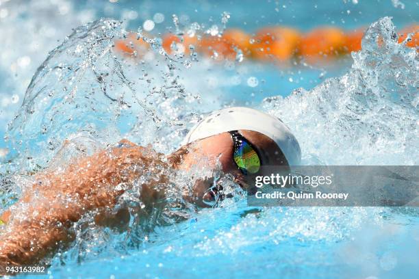 Penny Oleksiak of Canada competes during the Women's 100m Freestyle Heat 3 on day four of the Gold Coast 2018 Commonwealth Games at Optus Aquatic...